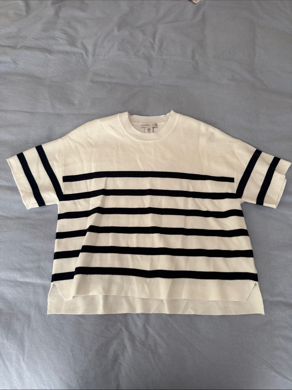 Sincerly Jules White Short-Sleeve Knit Tee with Black Stripes